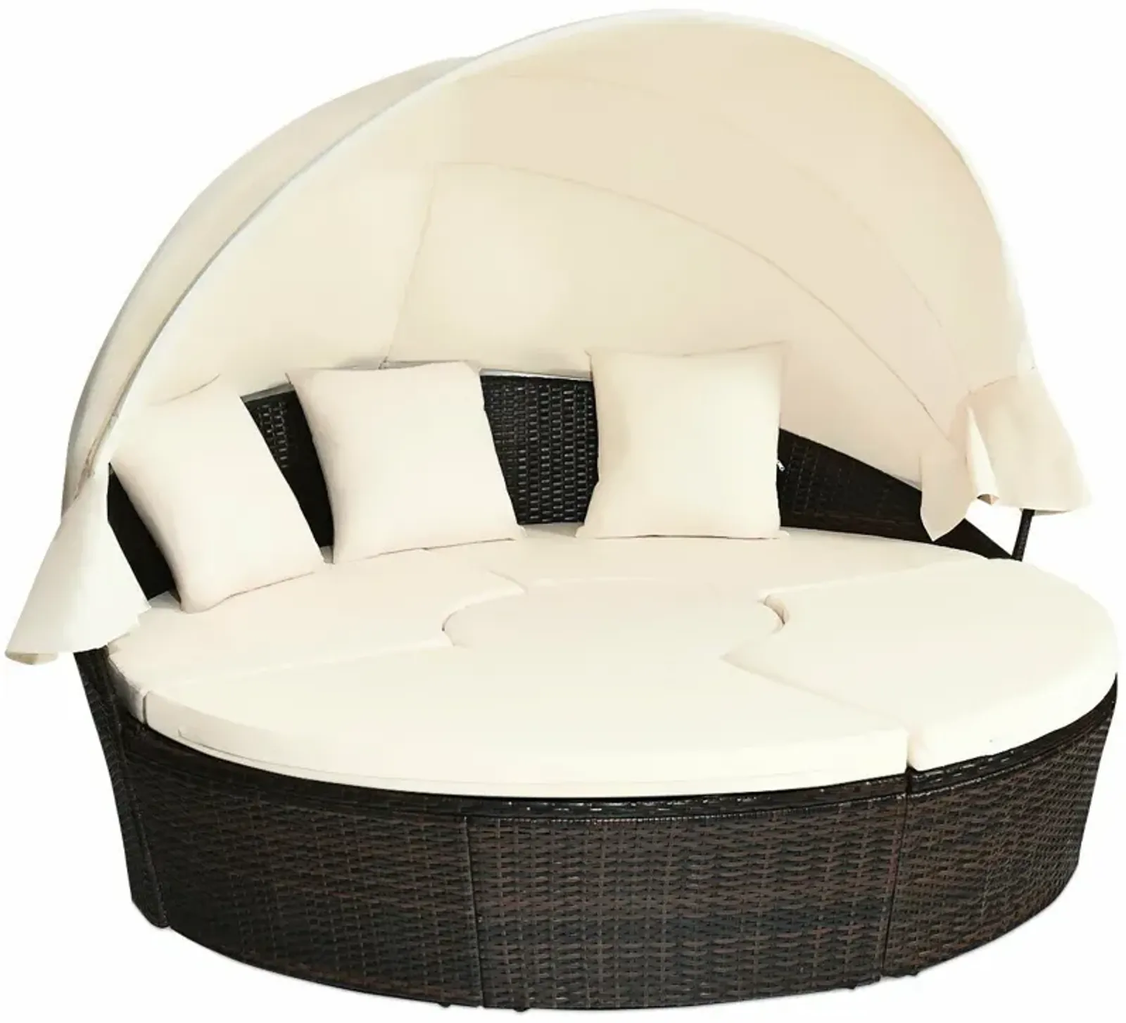 Patio Round Rattan Daybed with Retractable Canopy and Height Adjustable Coffee Table