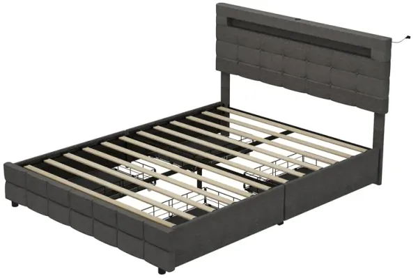 FUFU&GAGA Grey Upholstered Full-Size Bed Frame with Storage Drawers (65.4" W x 82.7" L x 42.1" H),Grey