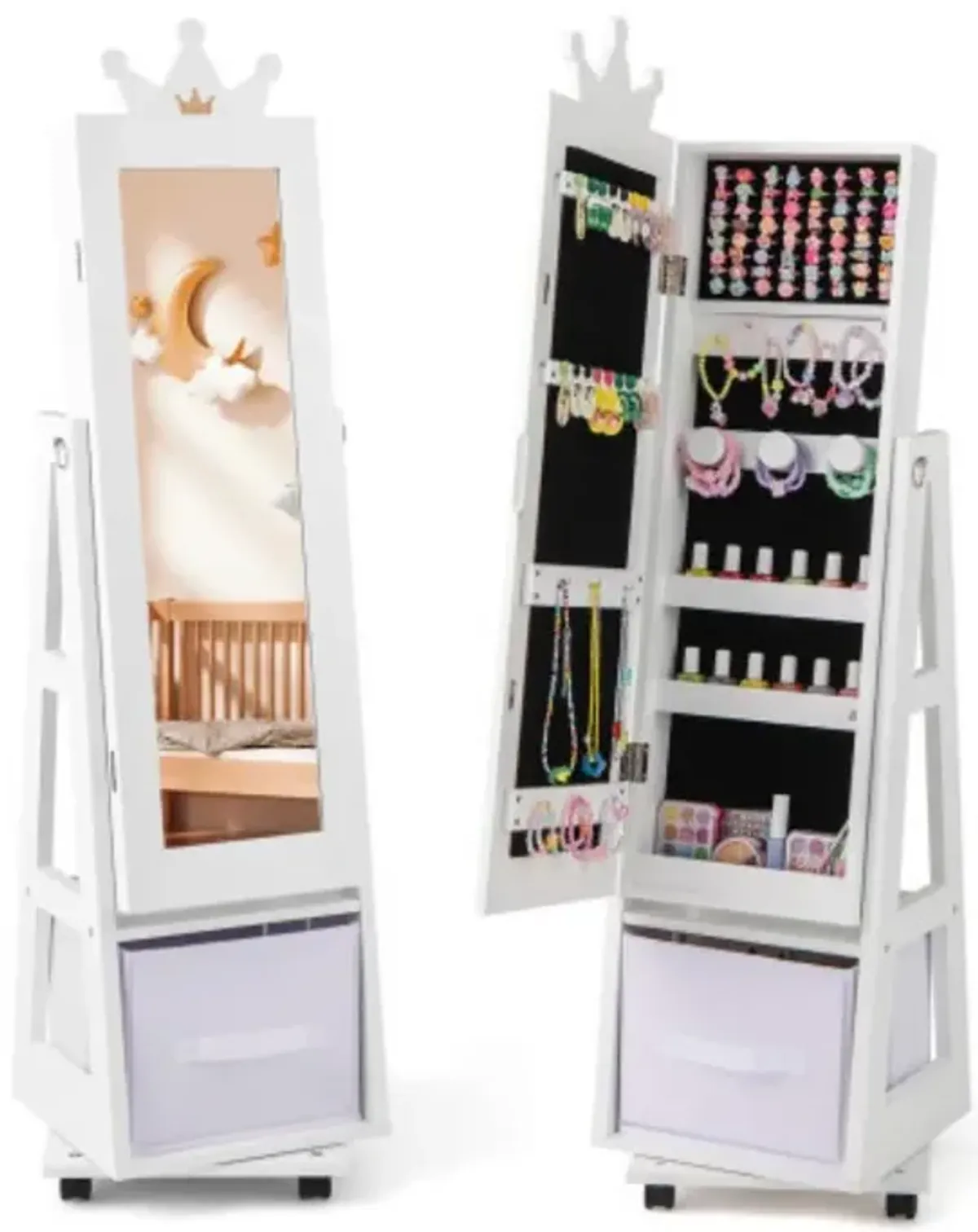 Kids Jewelry Armoire Cabinet with Swivel Base and Lockable Universal Wheels