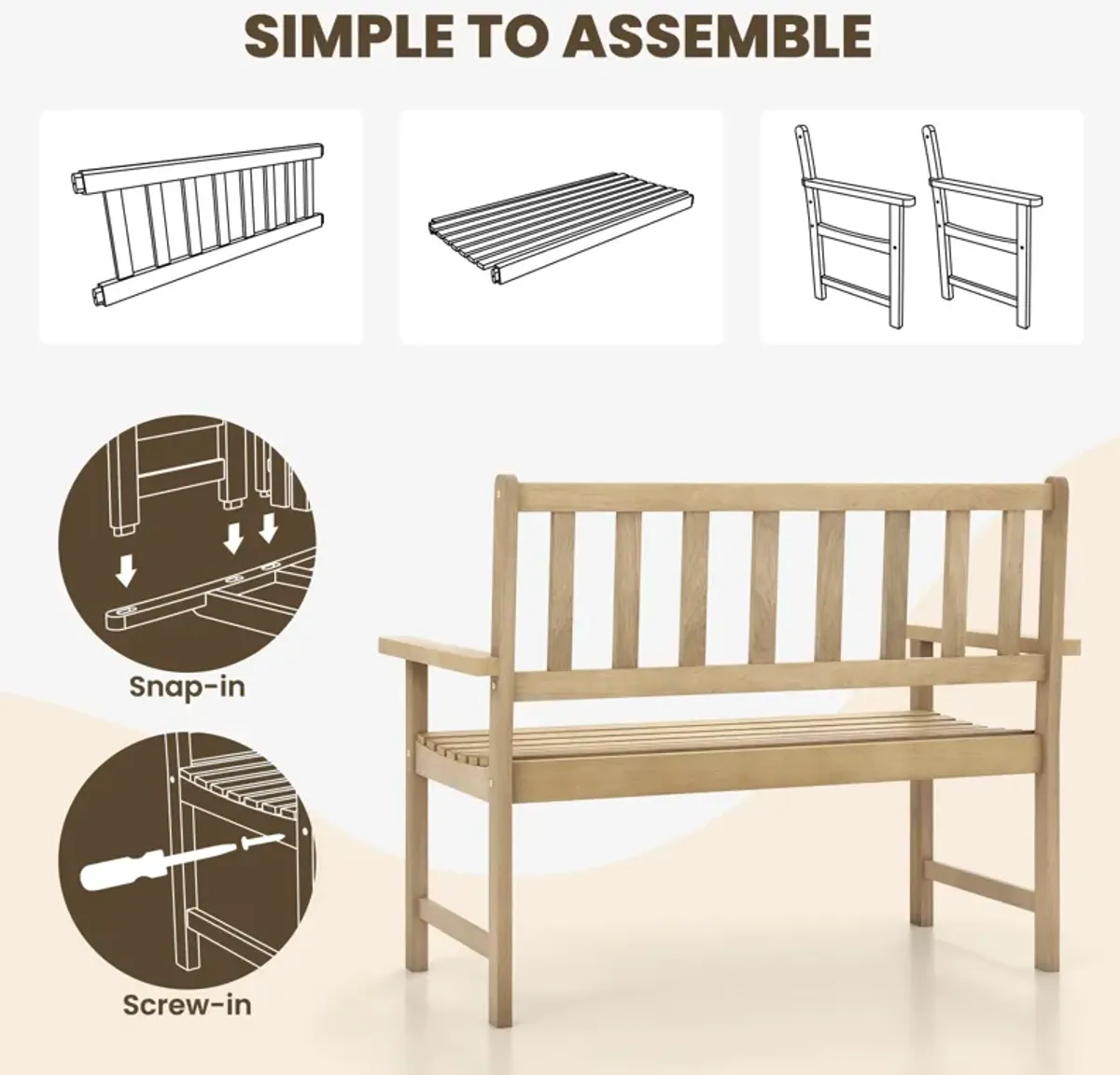 Outdoor Indonesia Teak Wood Garden Bench 2-Person with Backrest and Armrests