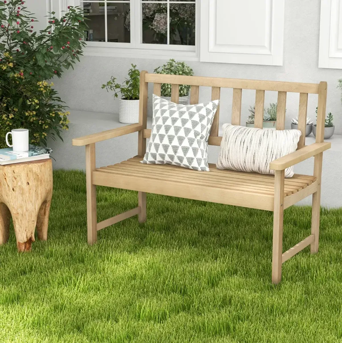 Outdoor Indonesia Teak Wood Garden Bench 2-Person with Backrest and Armrests