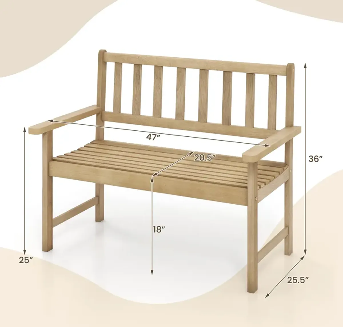 Outdoor Indonesia Teak Wood Garden Bench 2-Person with Backrest and Armrests