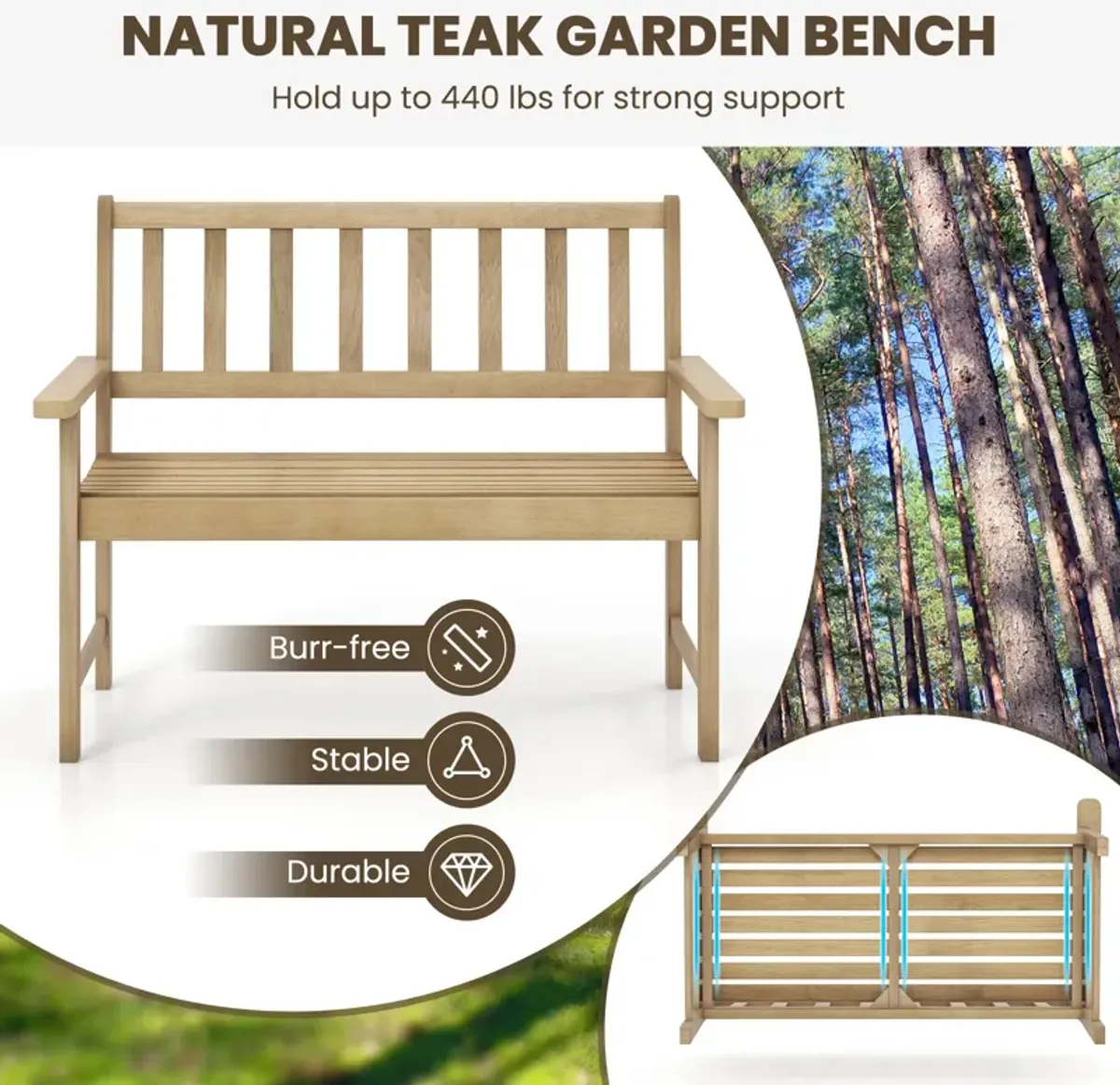 Outdoor Indonesia Teak Wood Garden Bench 2-Person with Backrest and Armrests