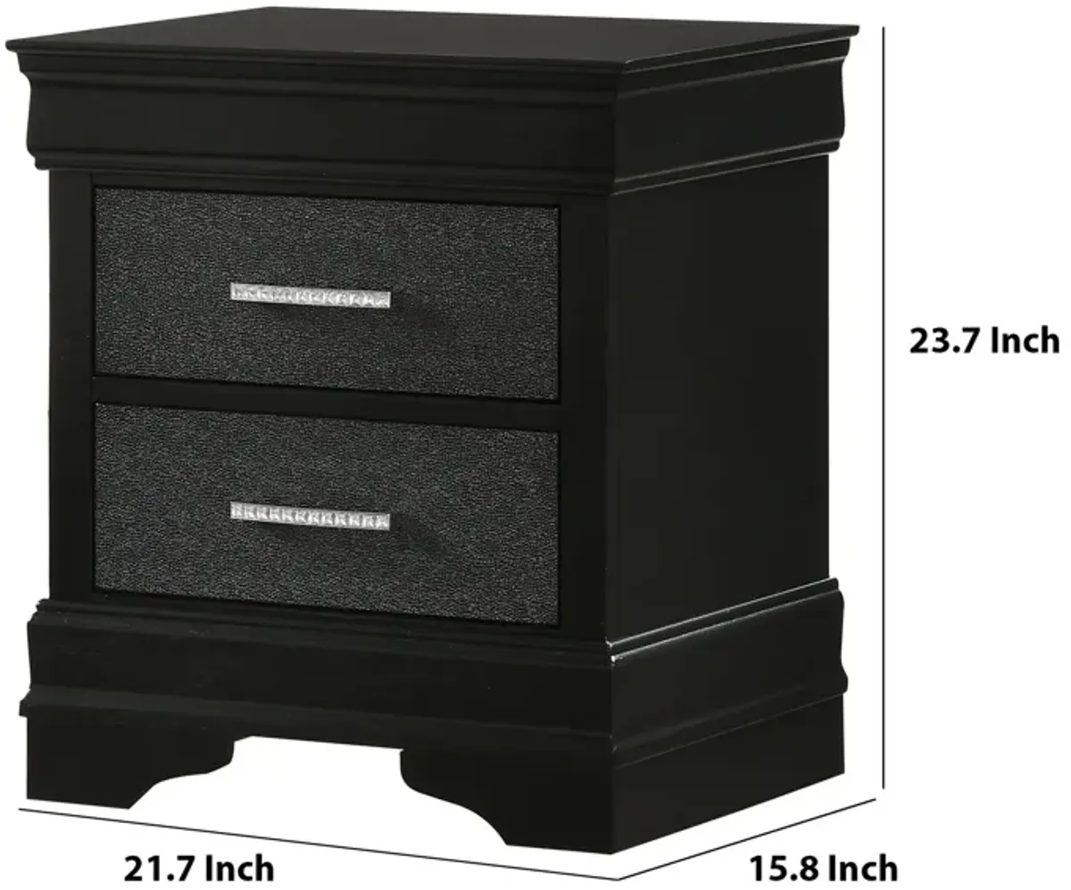 2 Drawer Wooden Nighstand with Horizontal Pull and Studded Accent, Black - Benzara