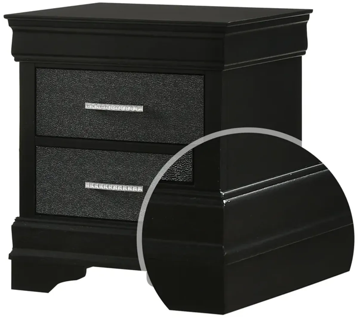 2 Drawer Wooden Nighstand with Horizontal Pull and Studded Accent, Black - Benzara