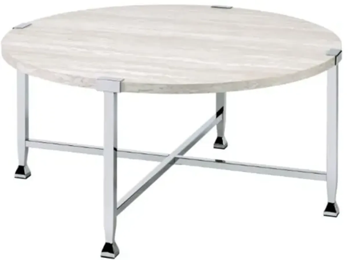 Yadlio Coffee Table, White Oak & Chrome - Modern Round Wooden Top with X-Shape Support Bars - Occasional Tables Set for Living Room