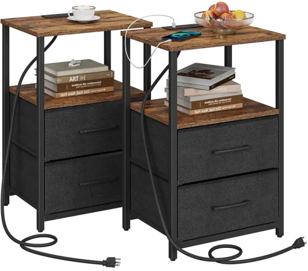 TUTOTAK End Table with Charging Station, Side Table with 2 USB Ports and Outlets, Nightstand with Cloth Drawer, Set of 2, Couch