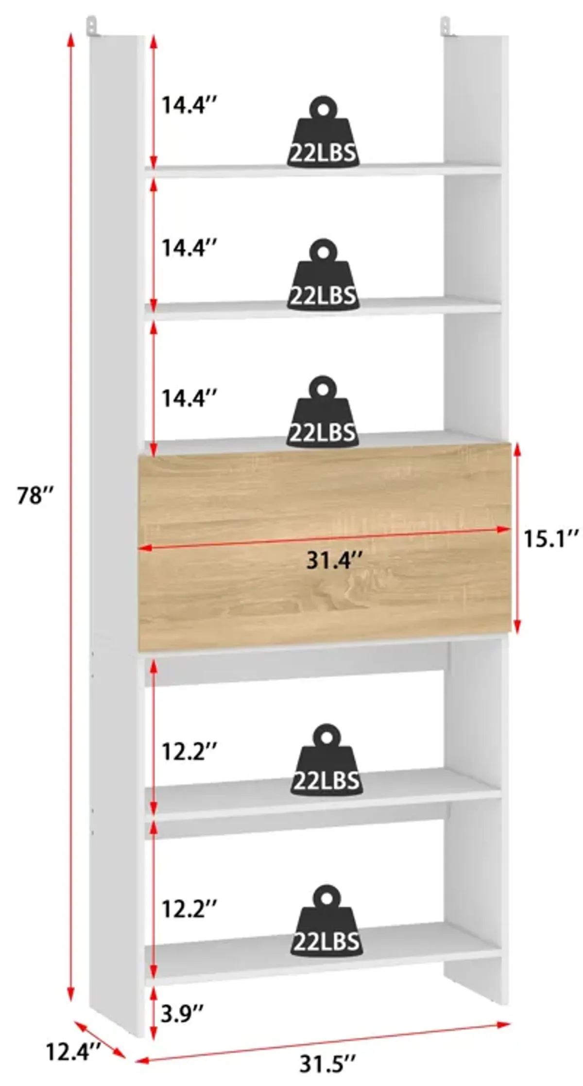 FUFU&GAGA Modern Multi-Tier Bookcase with Spacious Storage, 78'' Tall, (31.5" W x 12.4" D x 78" H), White