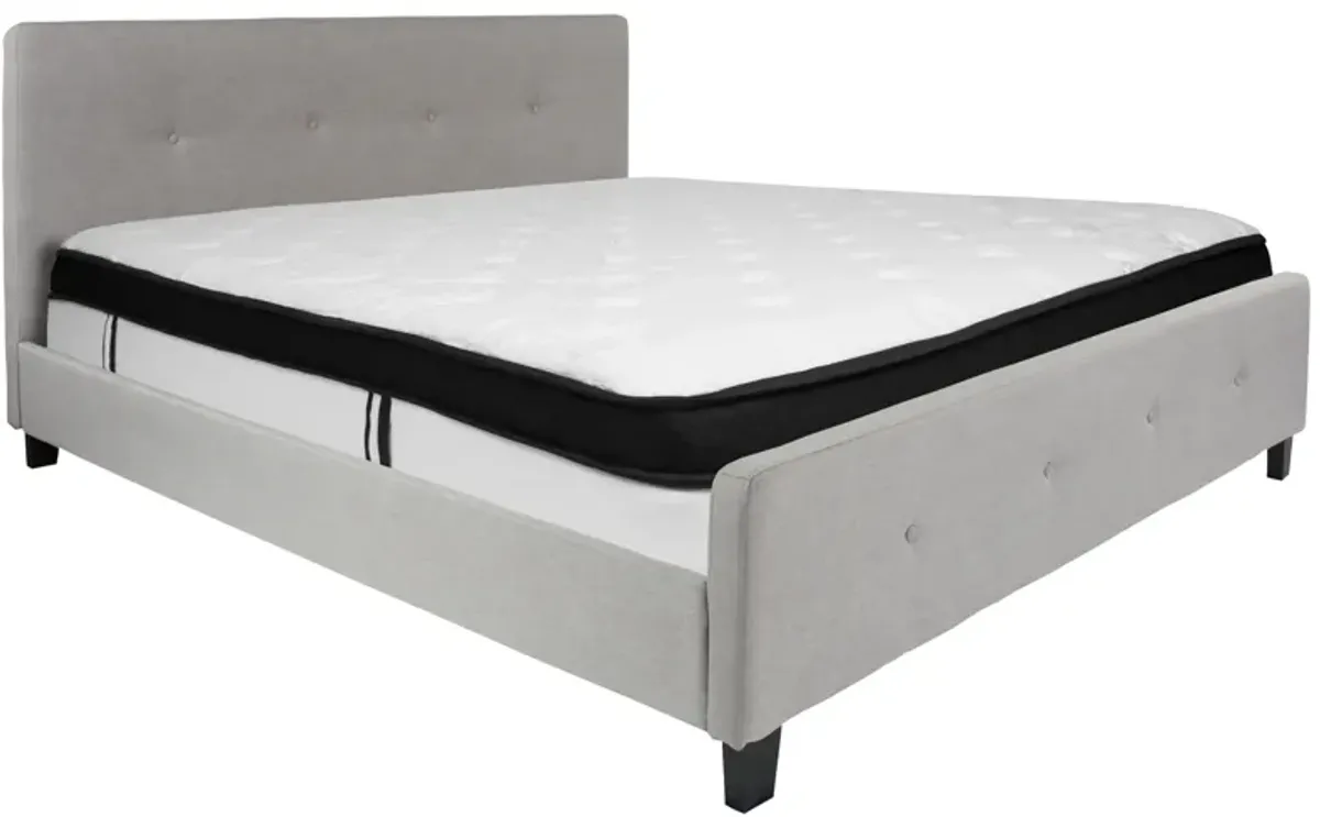 Tribeca King Size Tufted Upholstered Platform Bed in Light Gray Fabric with Memory Foam Mattress