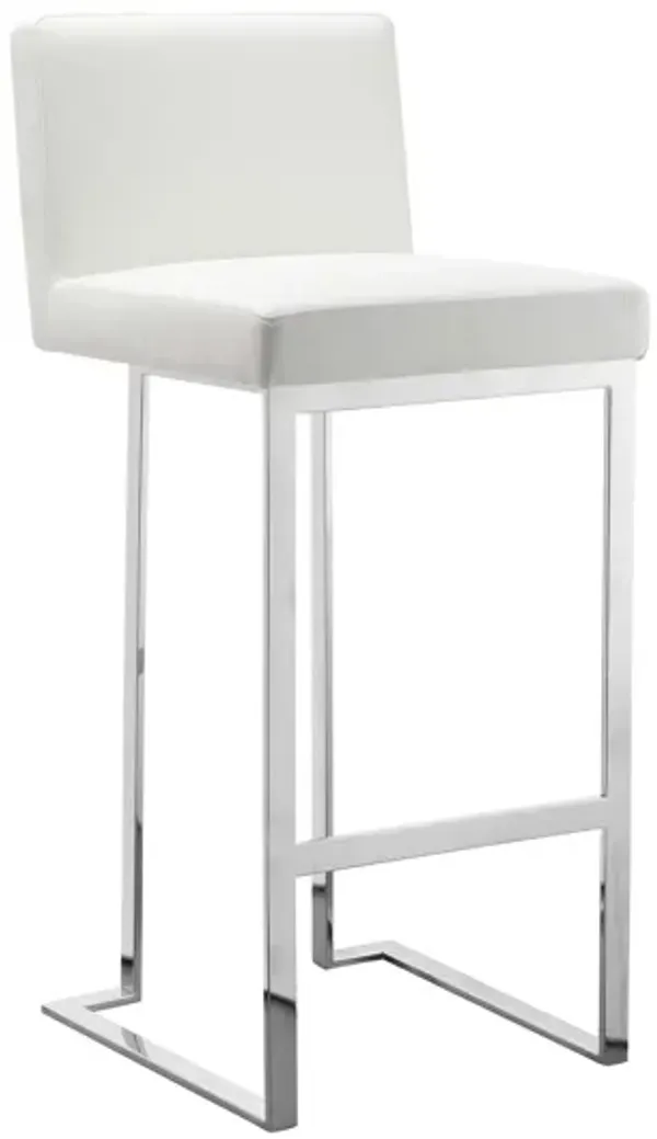 Boly 30 Inch Barstool Chair, White Faux Leather, Cushions, Chrome Steel - Benzara