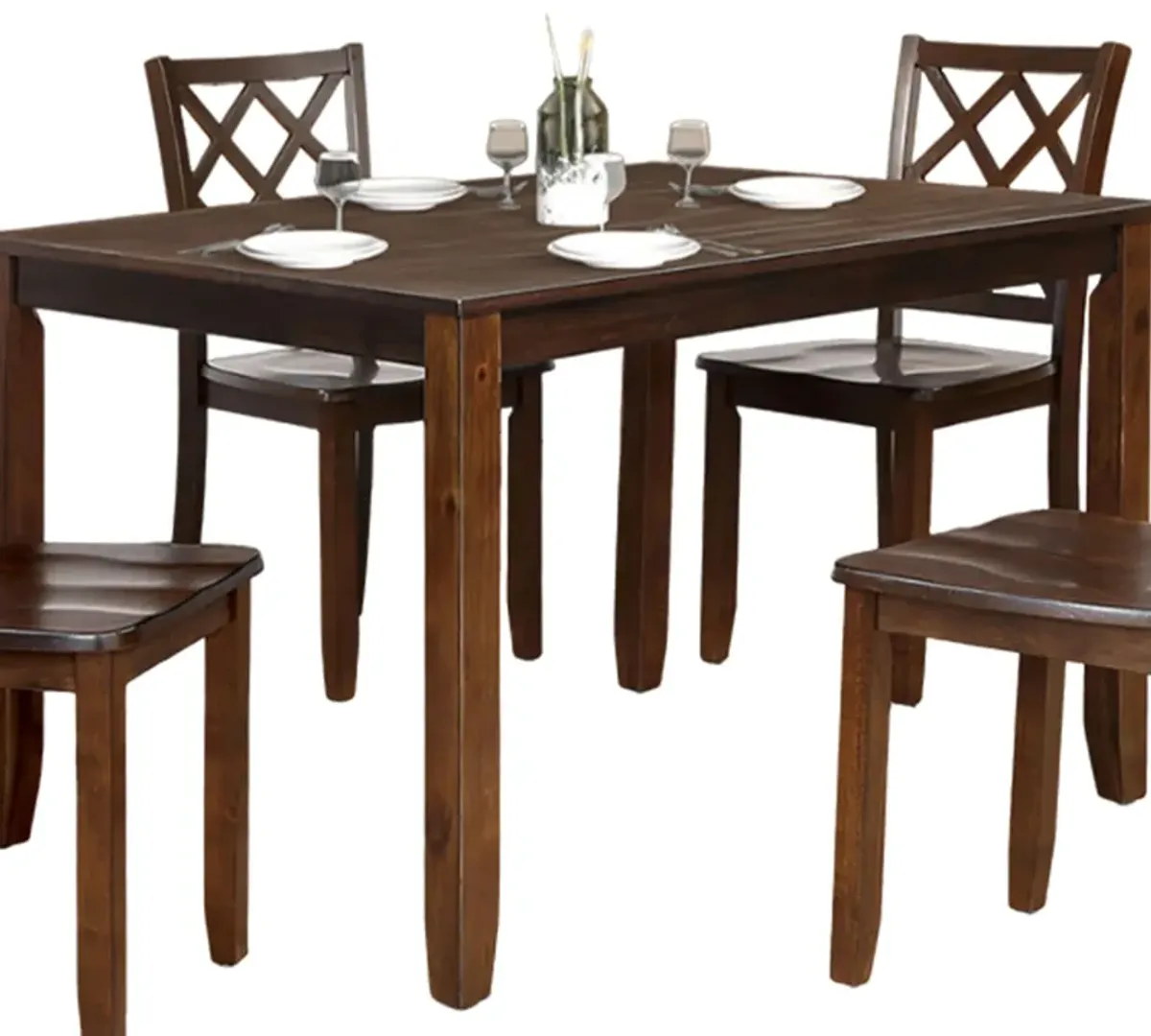 Ziko 5 Piece Dining Table Set, 4 Cross Back Chairs, Cherry Brown Solid Wood