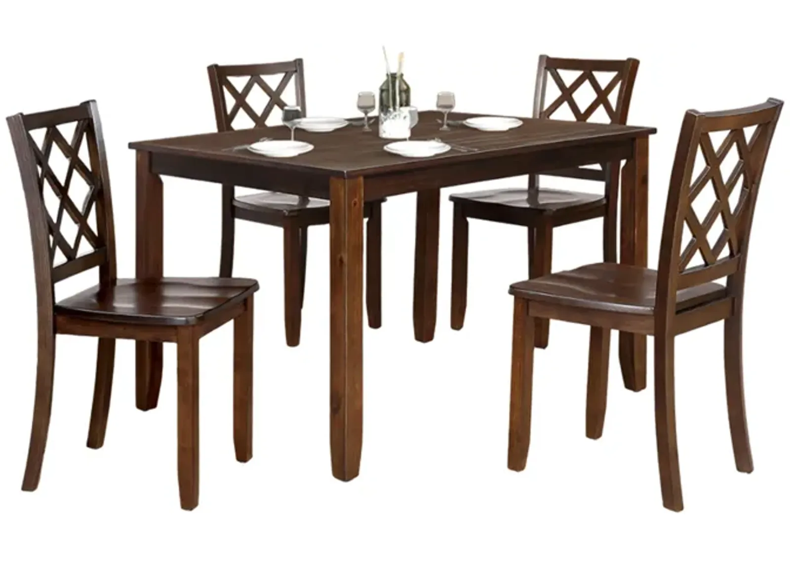 Ziko 5 Piece Dining Table Set, 4 Cross Back Chairs, Cherry Brown Solid Wood