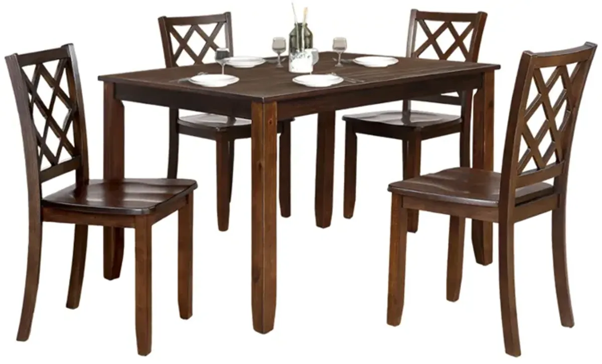 Ziko 5 Piece Dining Table Set, 4 Cross Back Chairs, Cherry Brown Solid Wood