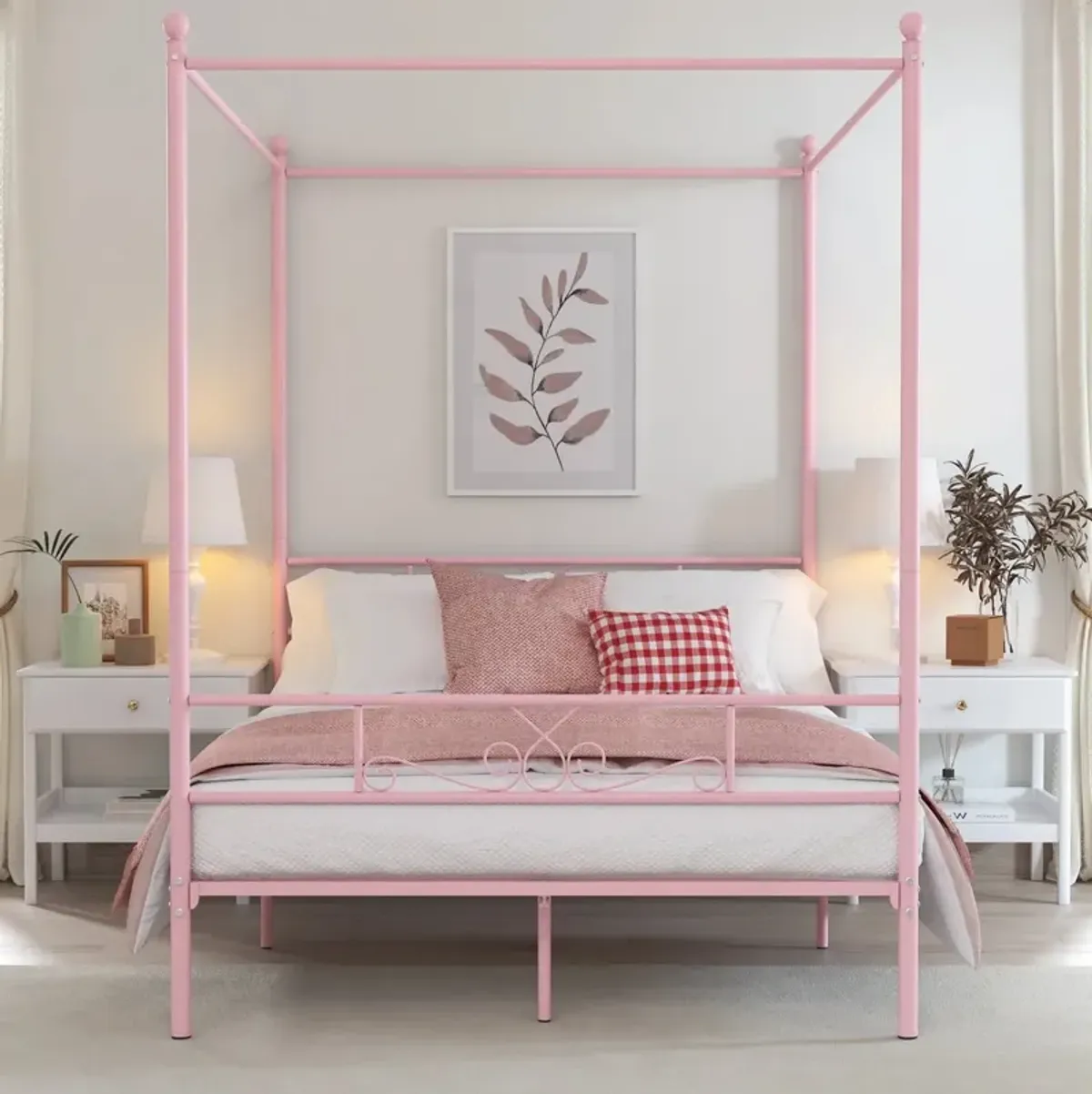 Elegant Four Poster Metal Canopy Bed for Bedroom with Adjustable Size Options