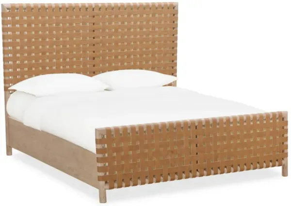 Dory King Size Bed, Hand Woven Headboard, Faux Leather Upholstery, Brown - Benzara