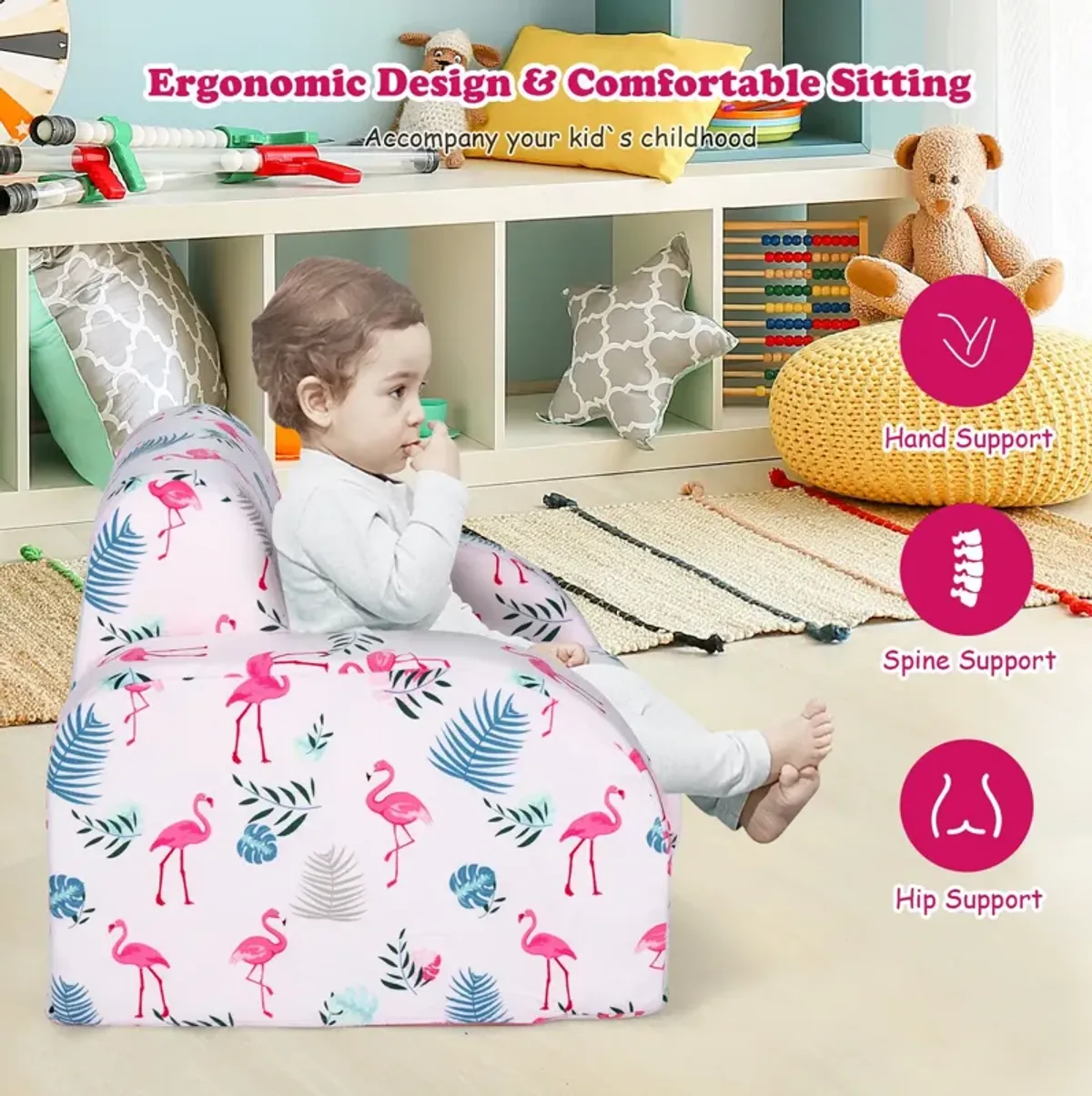 3-in-1 Convertible Kid Sofa Bed Flip-Out Chair Lounger for Toddler - Pink