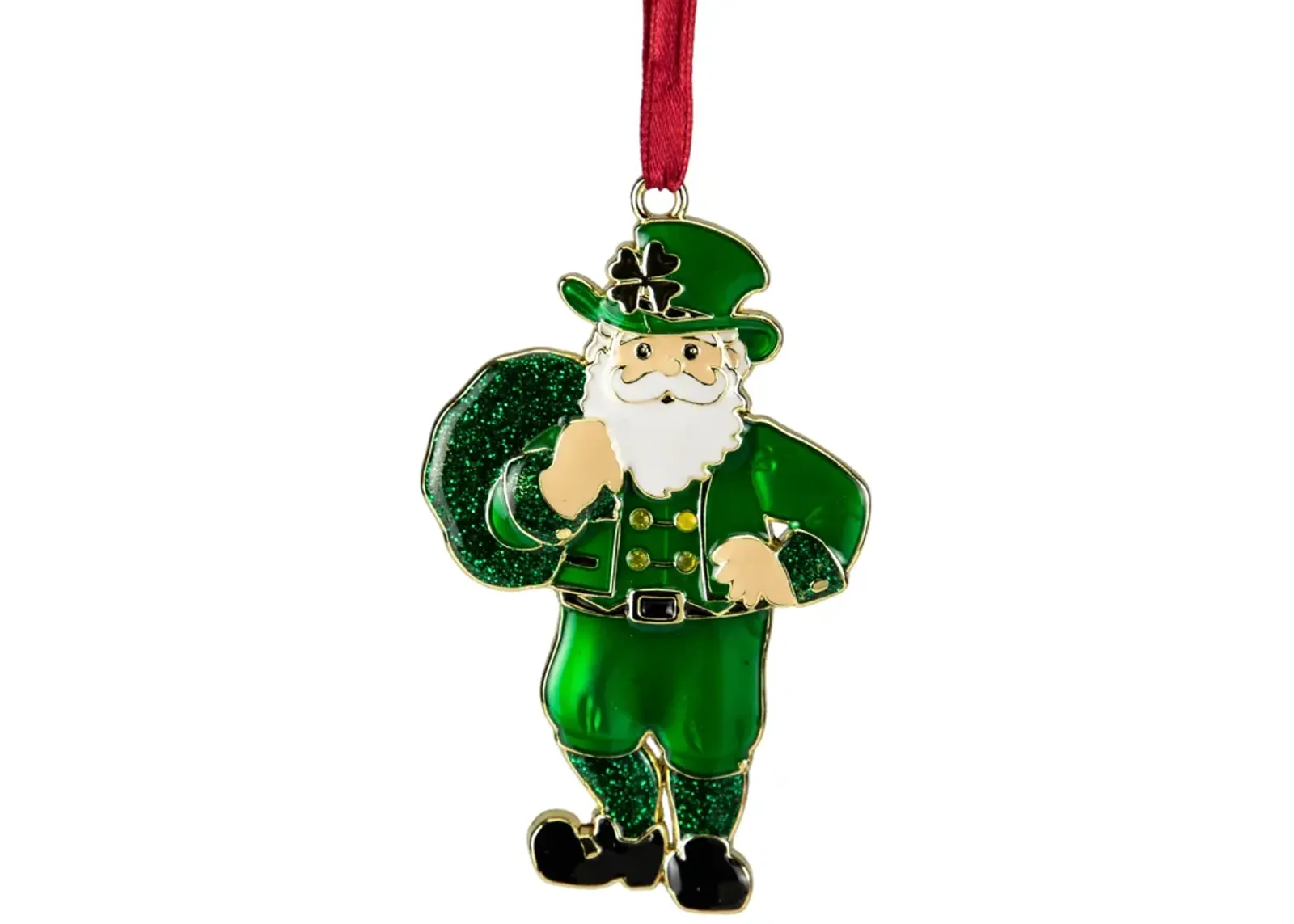 3.5" Green Brass-Plated Irish Santa Christmas Ornament with European Crystals