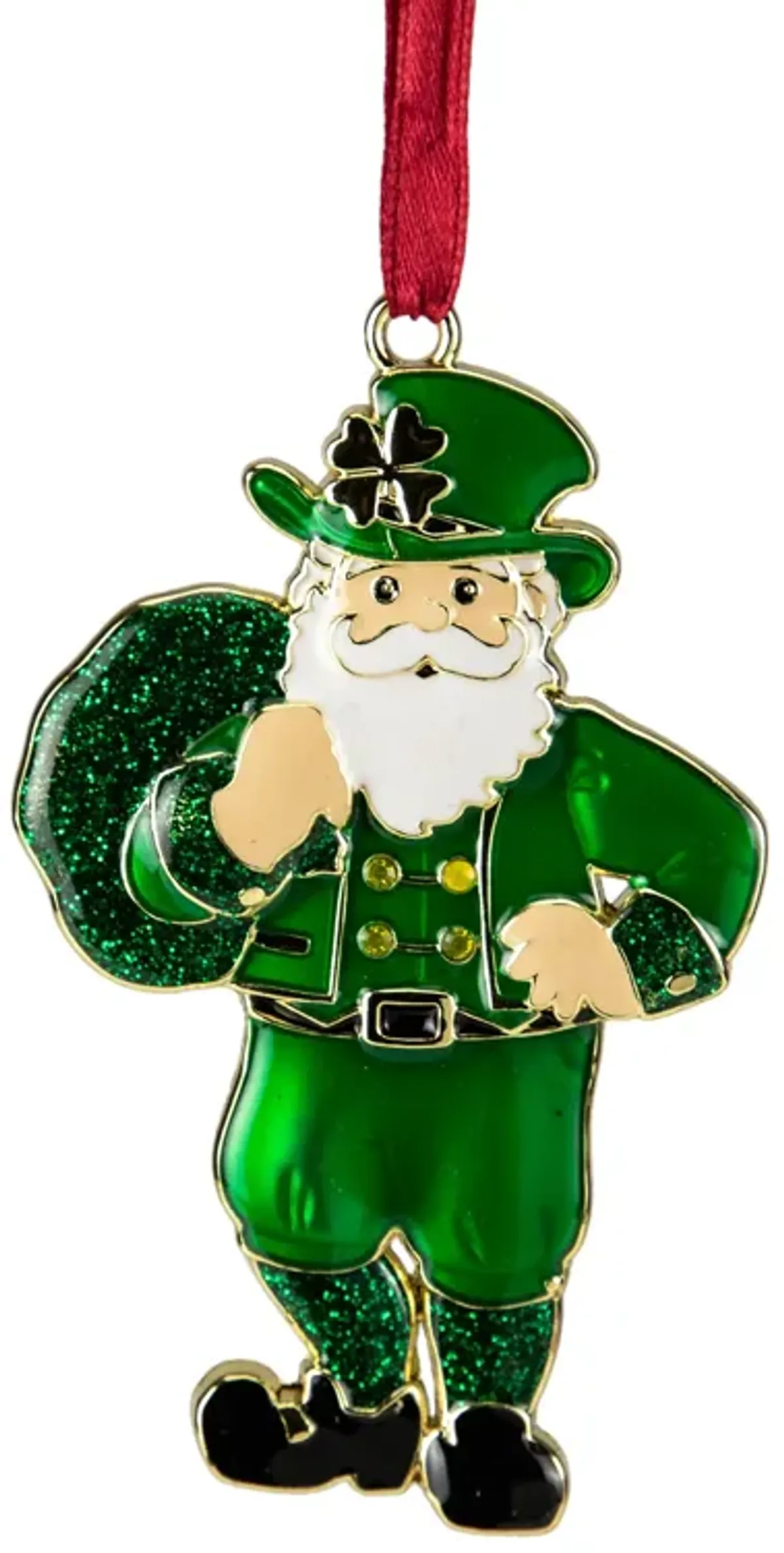 3.5" Green Brass-Plated Irish Santa Christmas Ornament with European Crystals