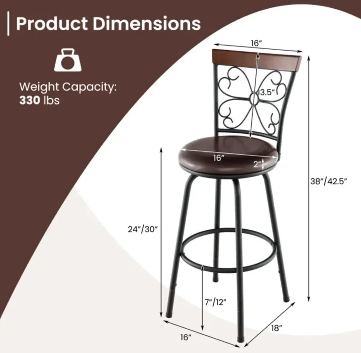 Hivvago 2 Pieces 24-30 Inch Adjustable PU Cushioned Swivel Barstools