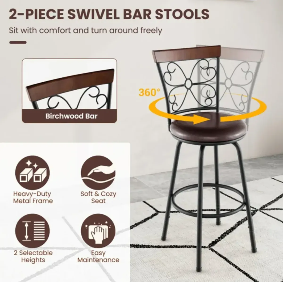 Hivvago 2 Pieces 24-30 Inch Adjustable PU Cushioned Swivel Barstools