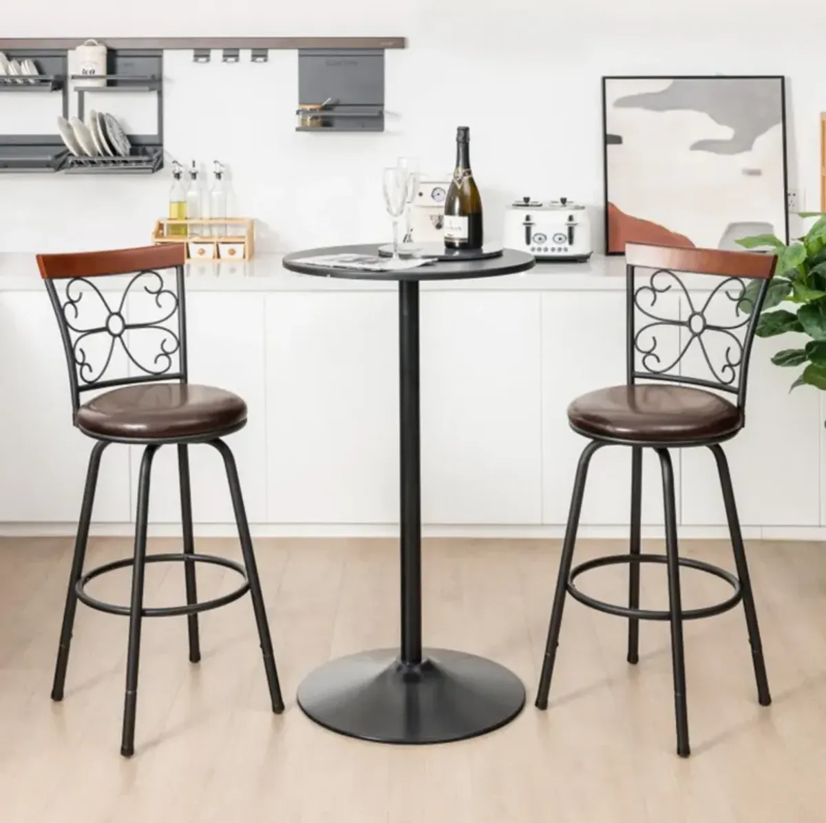 Hivvago 2 Pieces 24-30 Inch Adjustable PU Cushioned Swivel Barstools