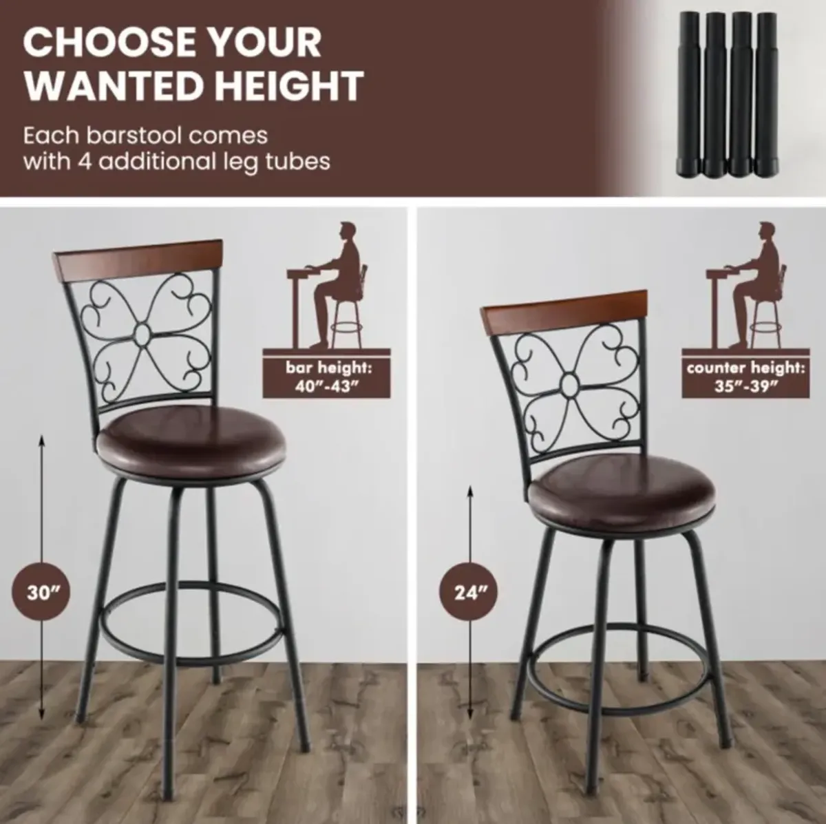 Hivvago 2 Pieces 24-30 Inch Adjustable PU Cushioned Swivel Barstools