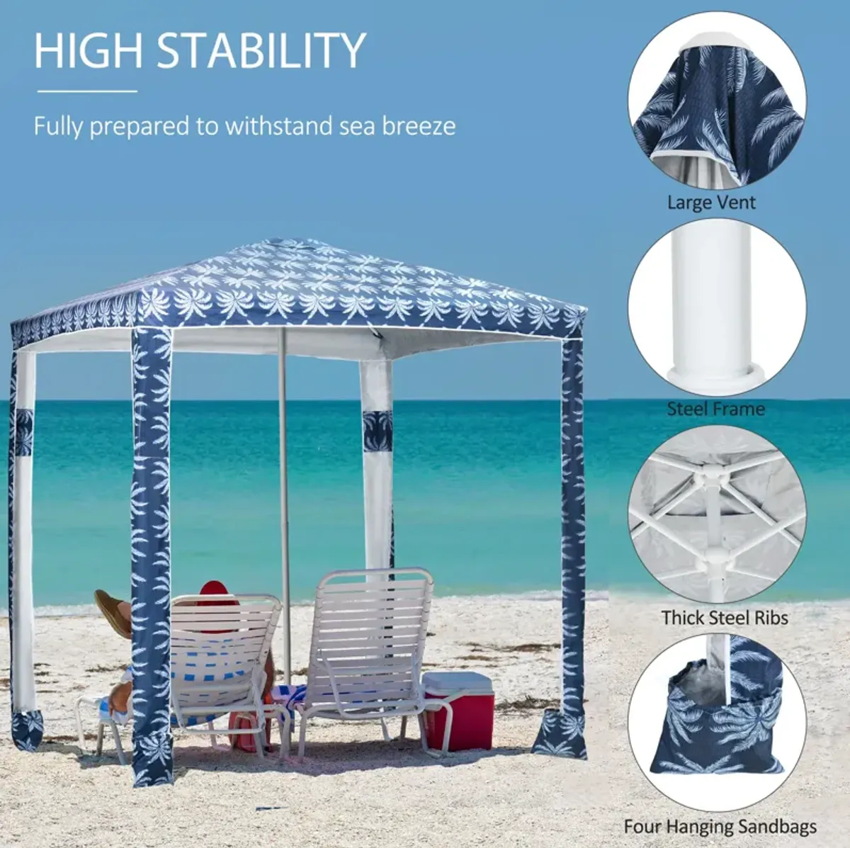 Blue Coconut Palm Cabana: 6.5' Quick Beach Umbrella, UV50+ Sun-Shade with Sandbags