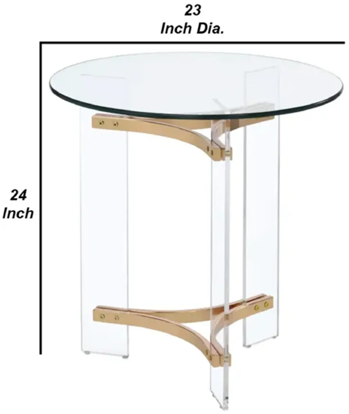 Hale 23 Inch Round End Table, Glass Top, Acrylic Legs, Clear, Gold-Benzara