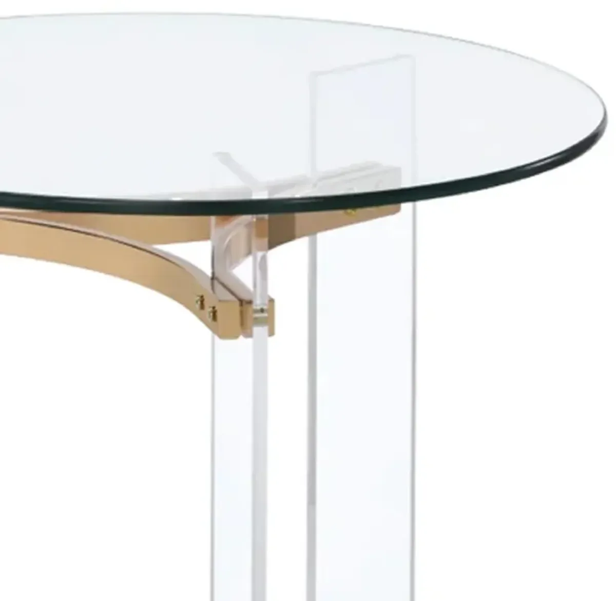 Hale 23 Inch Round End Table, Glass Top, Acrylic Legs, Clear, Gold-Benzara