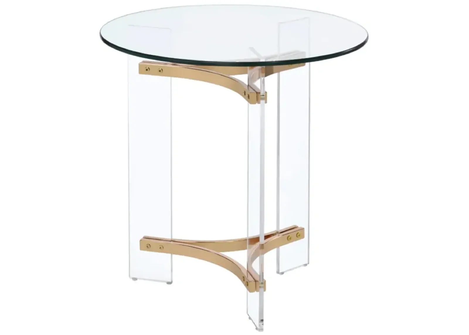 Hale 23 Inch Round End Table, Glass Top, Acrylic Legs, Clear, Gold-Benzara