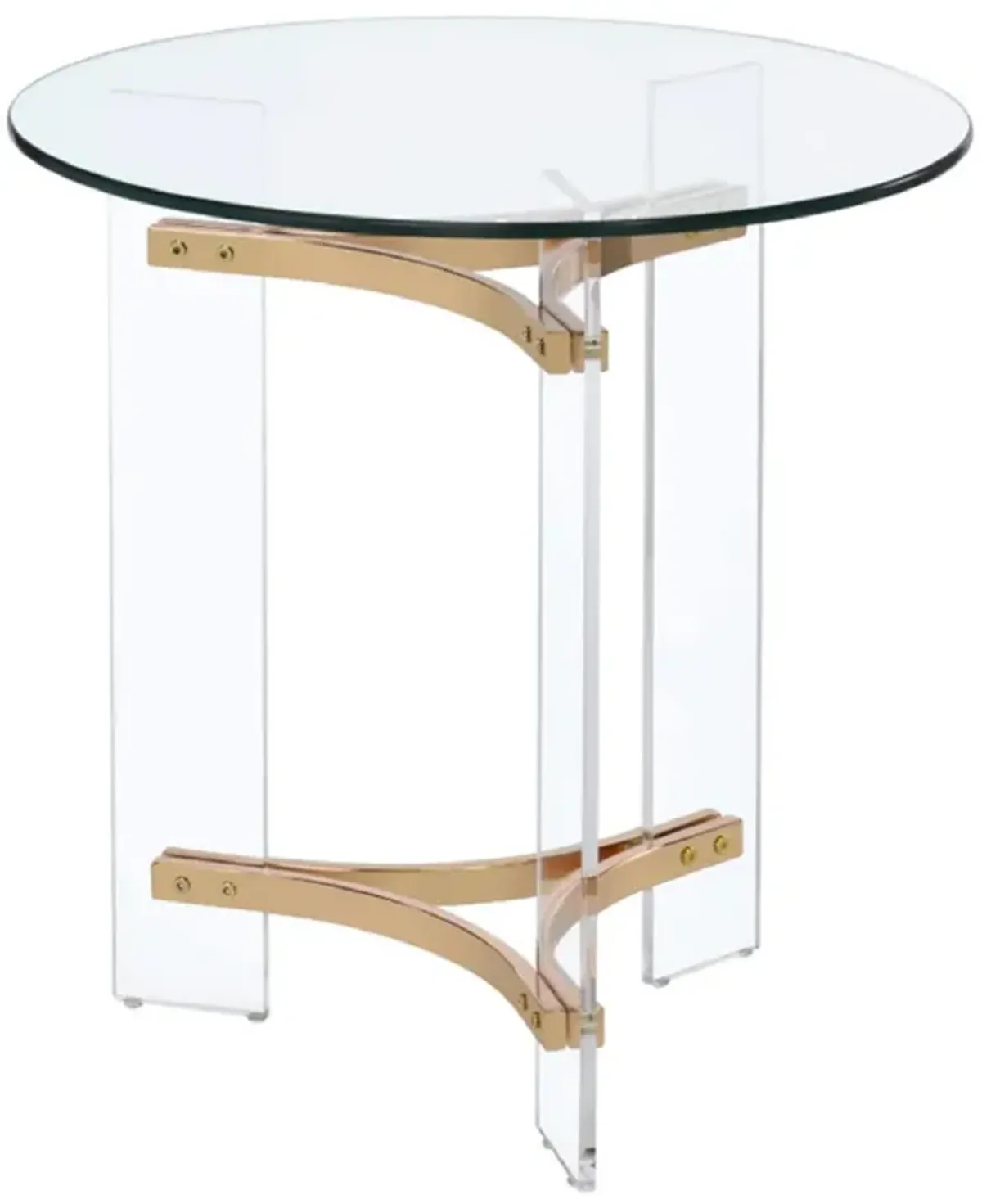 Hale 23 Inch Round End Table, Glass Top, Acrylic Legs, Clear, Gold-Benzara