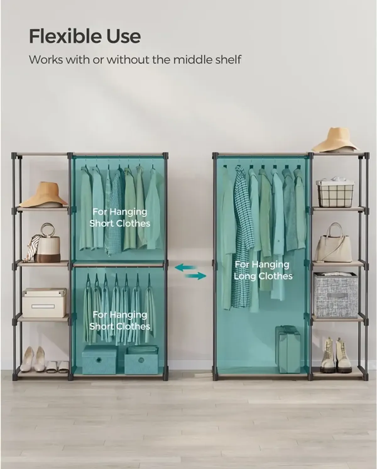 Freestanding Closet Organizer, Portable Wardrobe with Hanging Rods