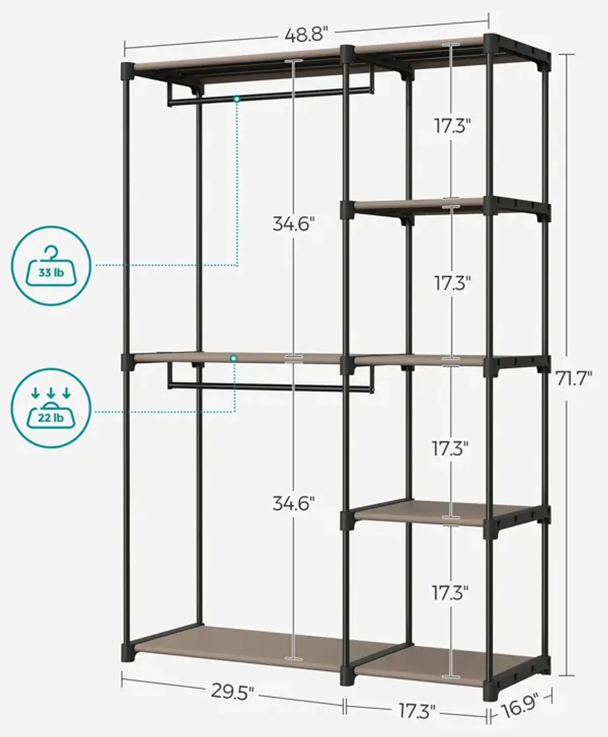 Freestanding Closet Organizer, Portable Wardrobe with Hanging Rods