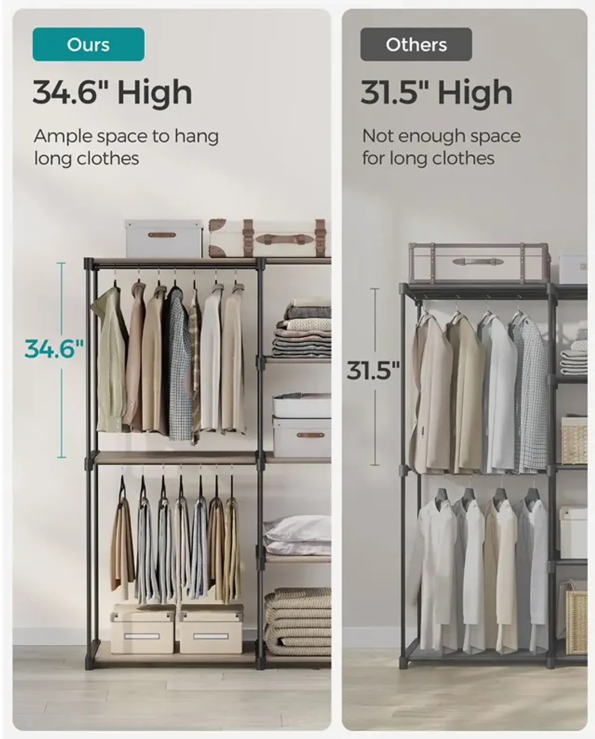 Freestanding Closet Organizer, Portable Wardrobe with Hanging Rods