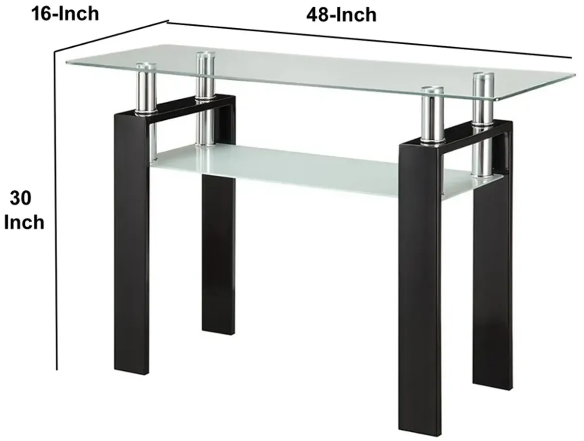 48 Inch Modern Sofa Console Table, Frosted Glass Shelf, Chrome, Black-Benzara