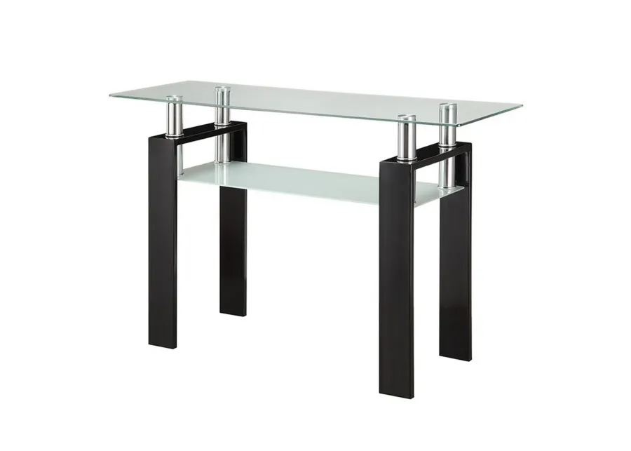 48 Inch Modern Sofa Console Table, Frosted Glass Shelf, Chrome, Black-Benzara