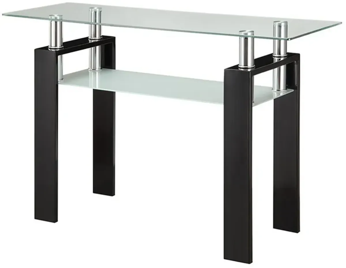 48 Inch Modern Sofa Console Table, Frosted Glass Shelf, Chrome, Black-Benzara