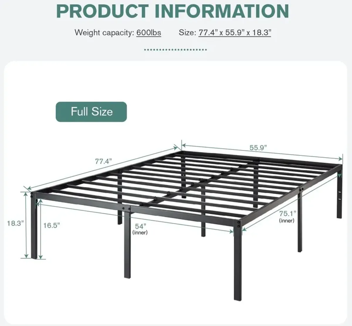 QuikFurn Full 18-inch Metal Platform Bed Frame with Under-Bed Storage Space