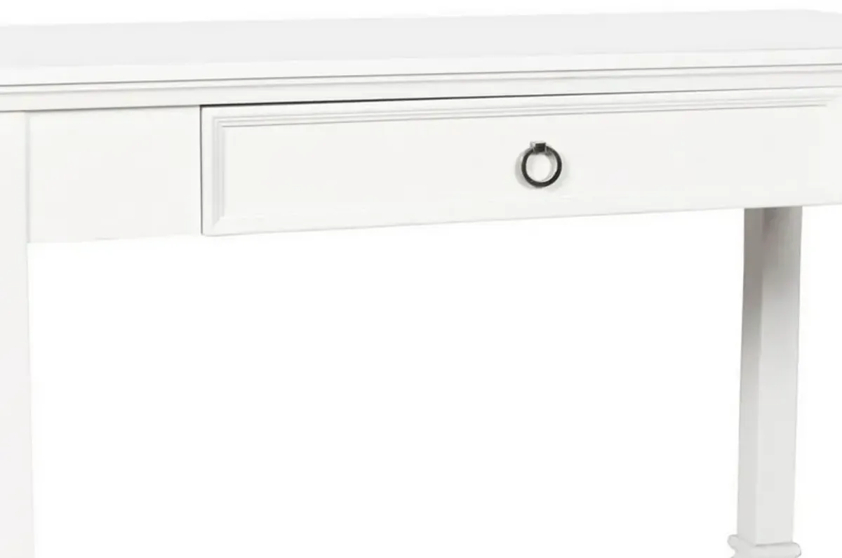 Single Drawer Wooden Desk with Metal Ring Pull and Tapered Legs, White-Benzara