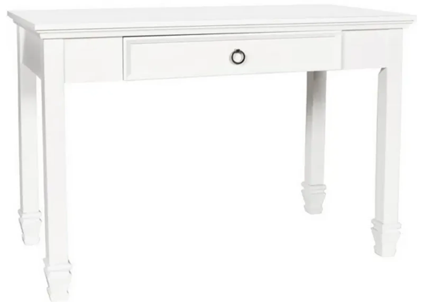 Single Drawer Wooden Desk with Metal Ring Pull and Tapered Legs, White-Benzara