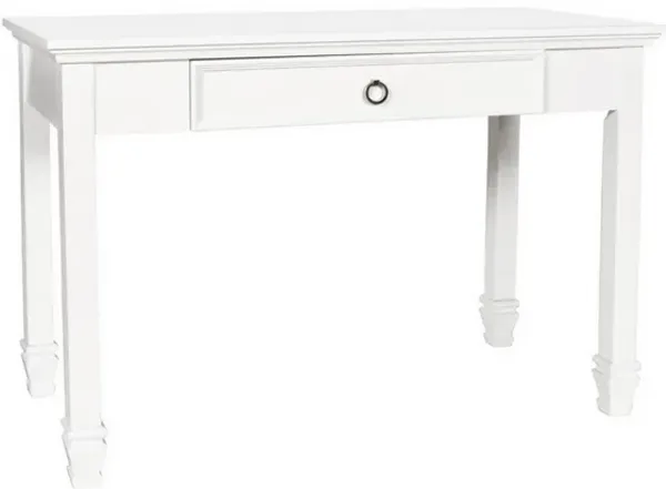 Single Drawer Wooden Desk with Metal Ring Pull and Tapered Legs, White-Benzara