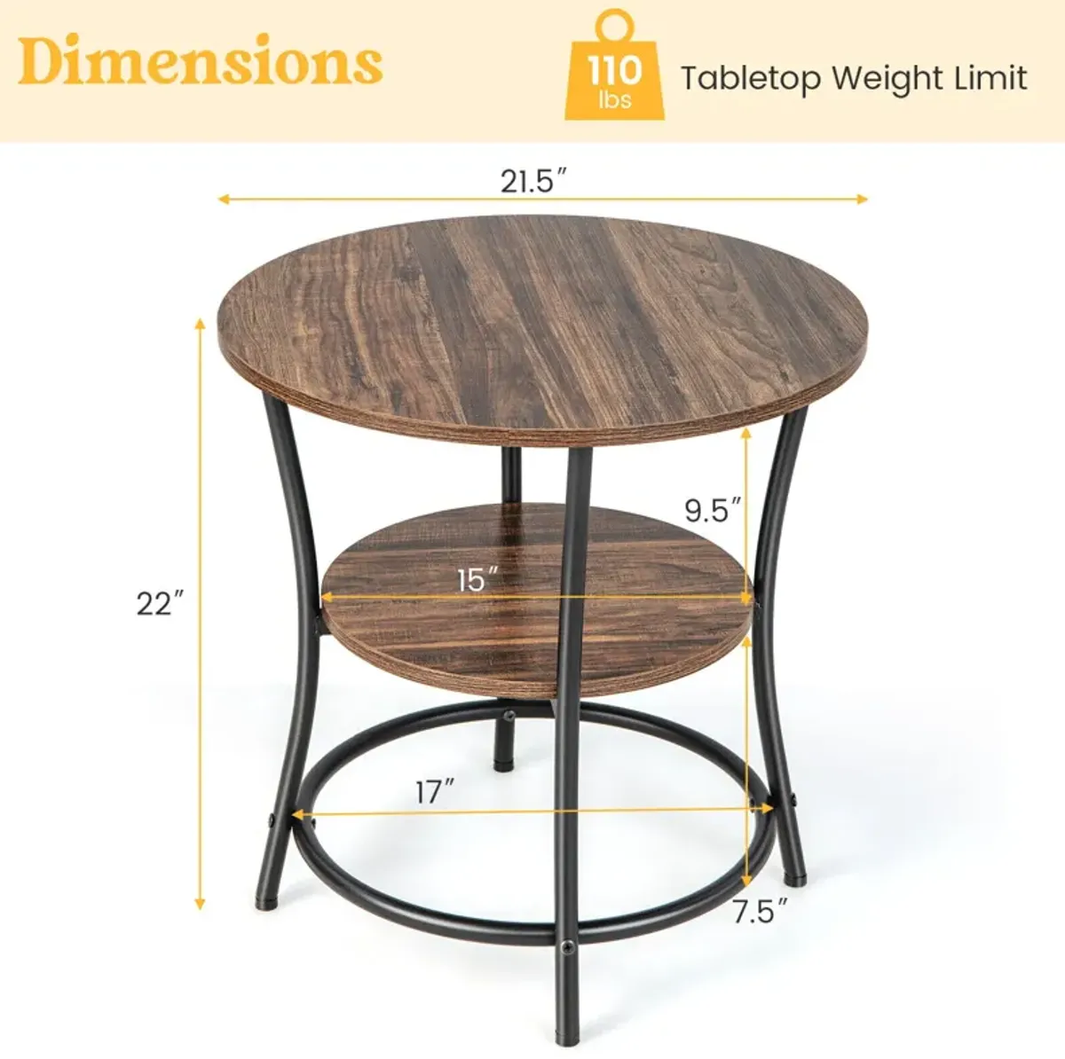 2-Tier Round End Table with Open Storage Shelf and Sturdy Metal Frame