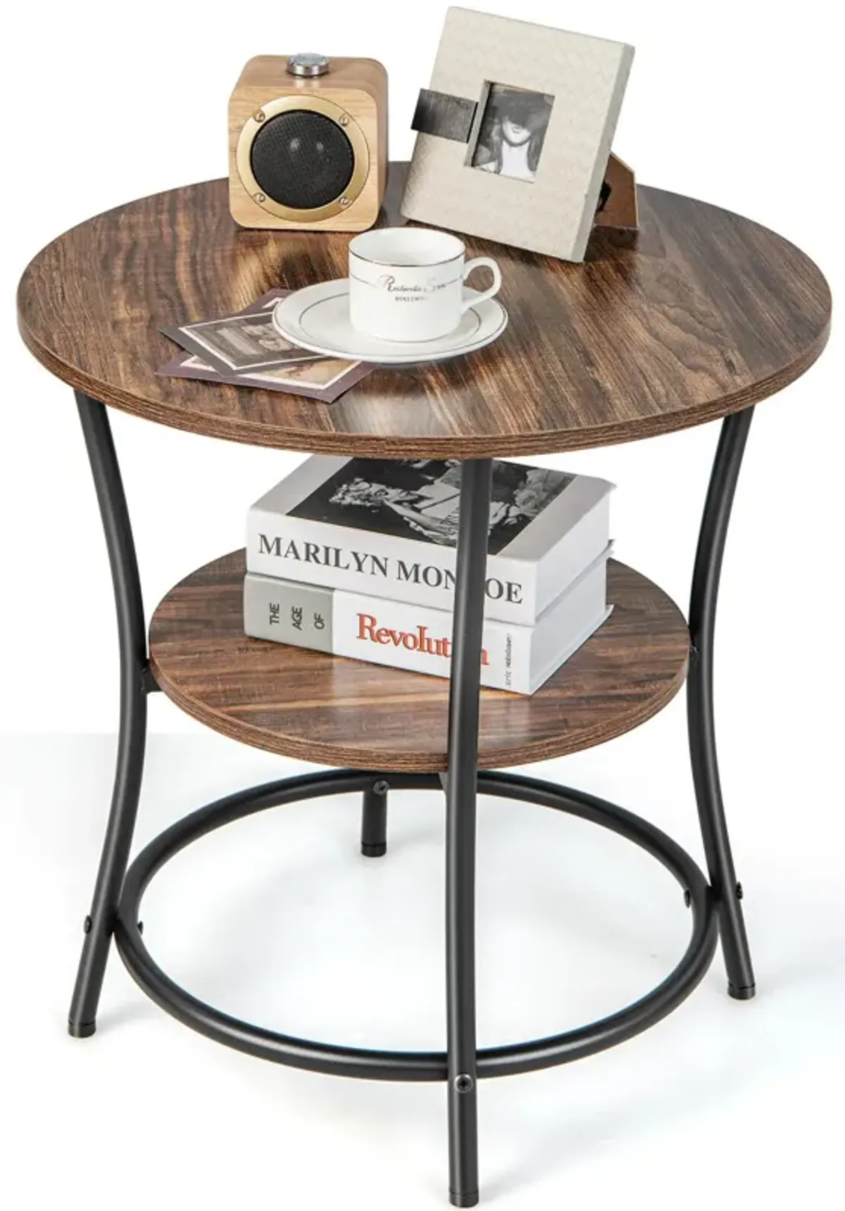 2-Tier Round End Table with Open Storage Shelf and Sturdy Metal Frame