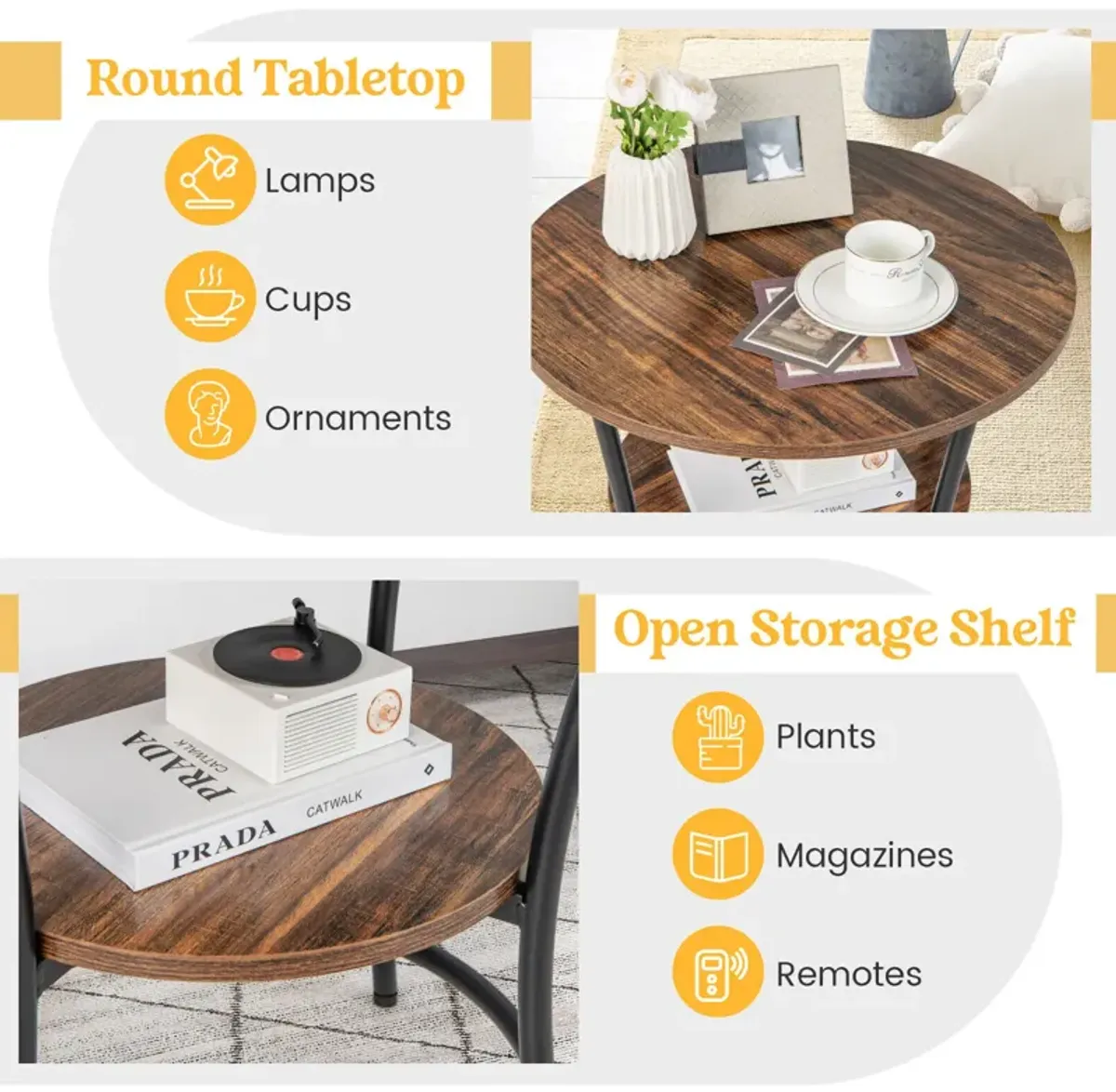 2-Tier Round End Table with Open Storage Shelf and Sturdy Metal Frame