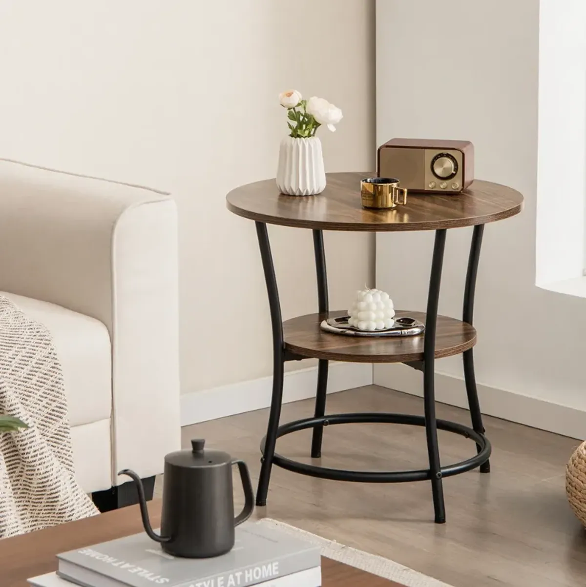 2-Tier Round End Table with Open Storage Shelf and Sturdy Metal Frame