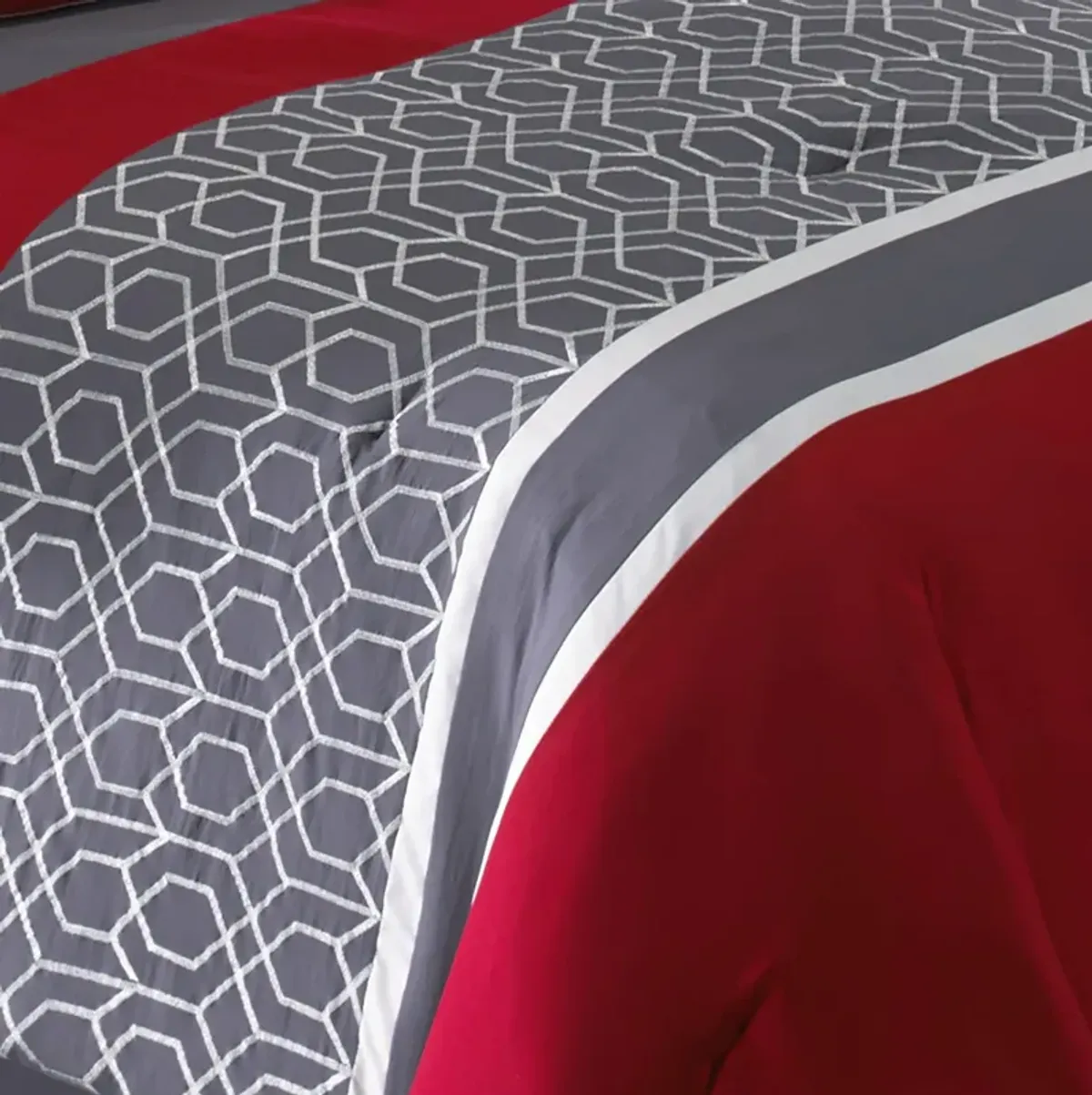 8 Piece King Comforter Set with Printed Trellis Pattern, Red-Benzara