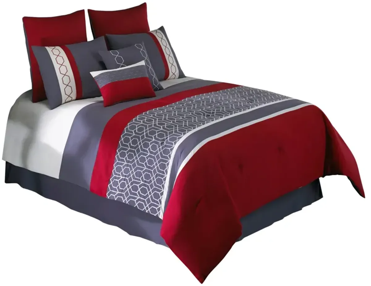 8 Piece King Comforter Set with Printed Trellis Pattern, Red-Benzara