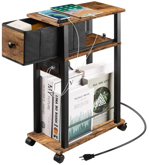 DGSANDGO Side Table with Charging Station and Drawer, Narrow End Table with USB Ports and Outlets for Small Space, Living Room,