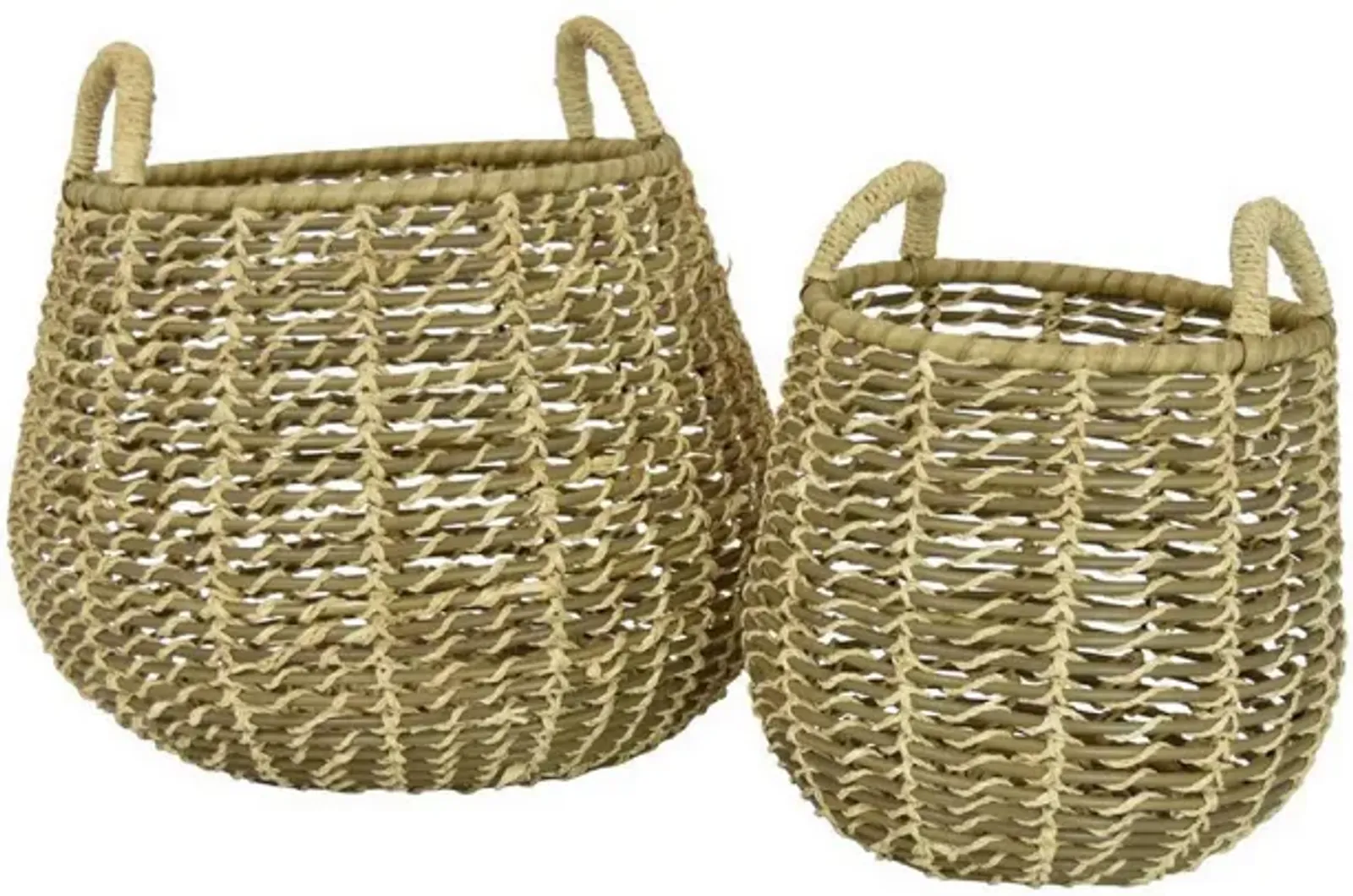 Set of 2 Decorative Storage Baskets, Woven Construction, 2 Handles, Brown - Benzara