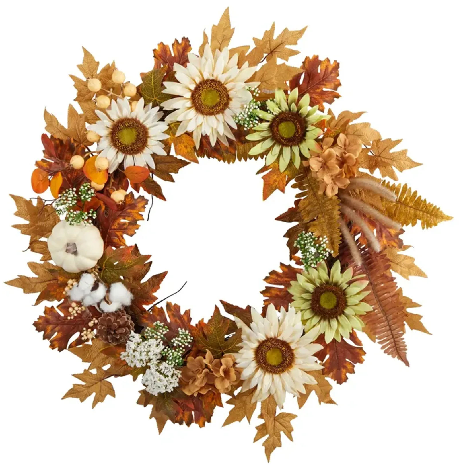 Hivvago 30" Autumn Sunflower, White Pumpkin and Berries Artificial Fall Wreath